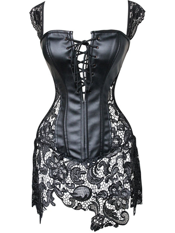Liviabliss 7181 - Dantel PU Faux Leather Fermuarlı Roman Knot Corset Shapewear