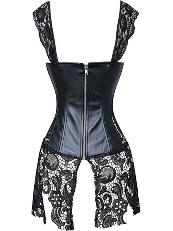 Liviabliss 7181 - Dantel PU Faux Leather Fermuarlı Roman Knot Corset Shapewear