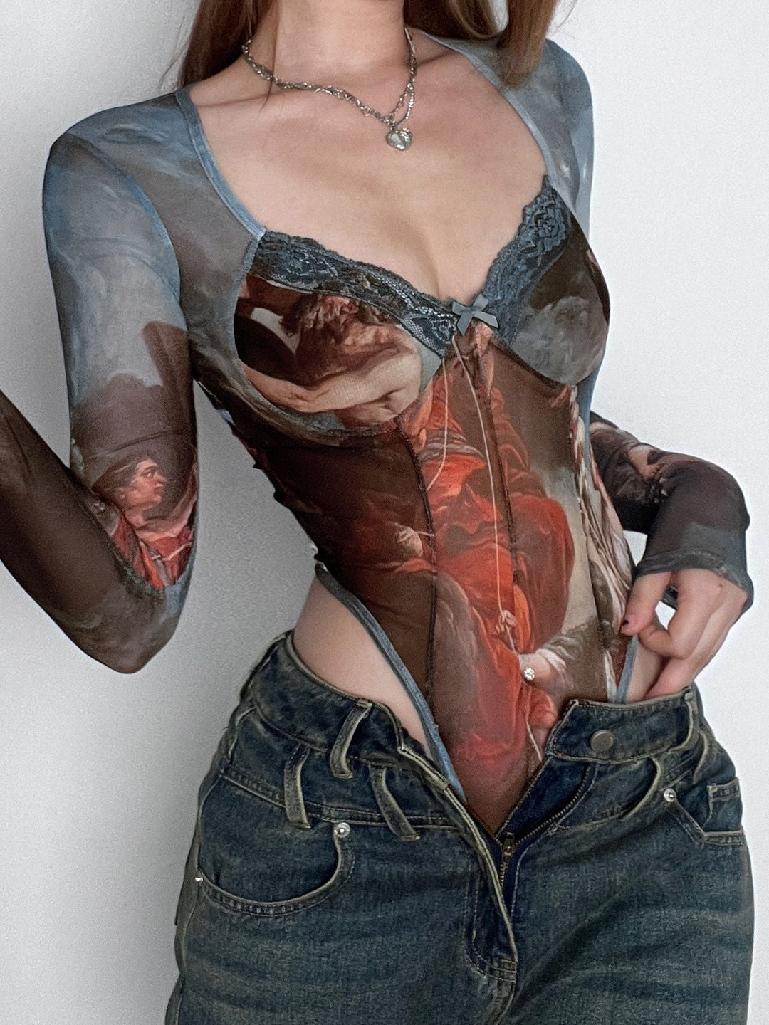 Liviabliss 7319 - Seksi Tie-dye Desenli Şeffaf File Bodysuit