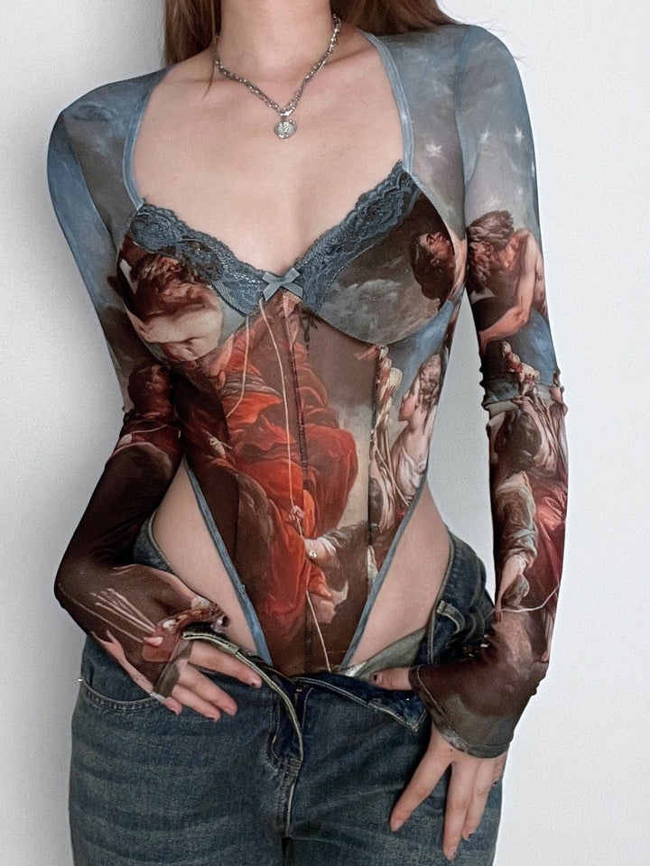 Liviabliss 7319 - Seksi Tie-dye Desenli Şeffaf File Bodysuit