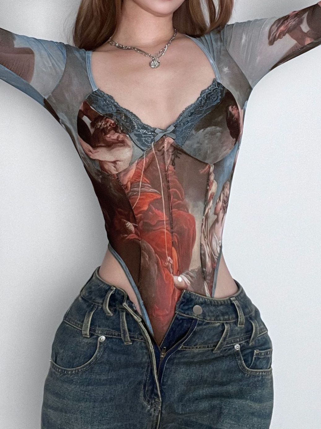 Liviabliss 7319 - Seksi Tie-dye Desenli Şeffaf File Bodysuit