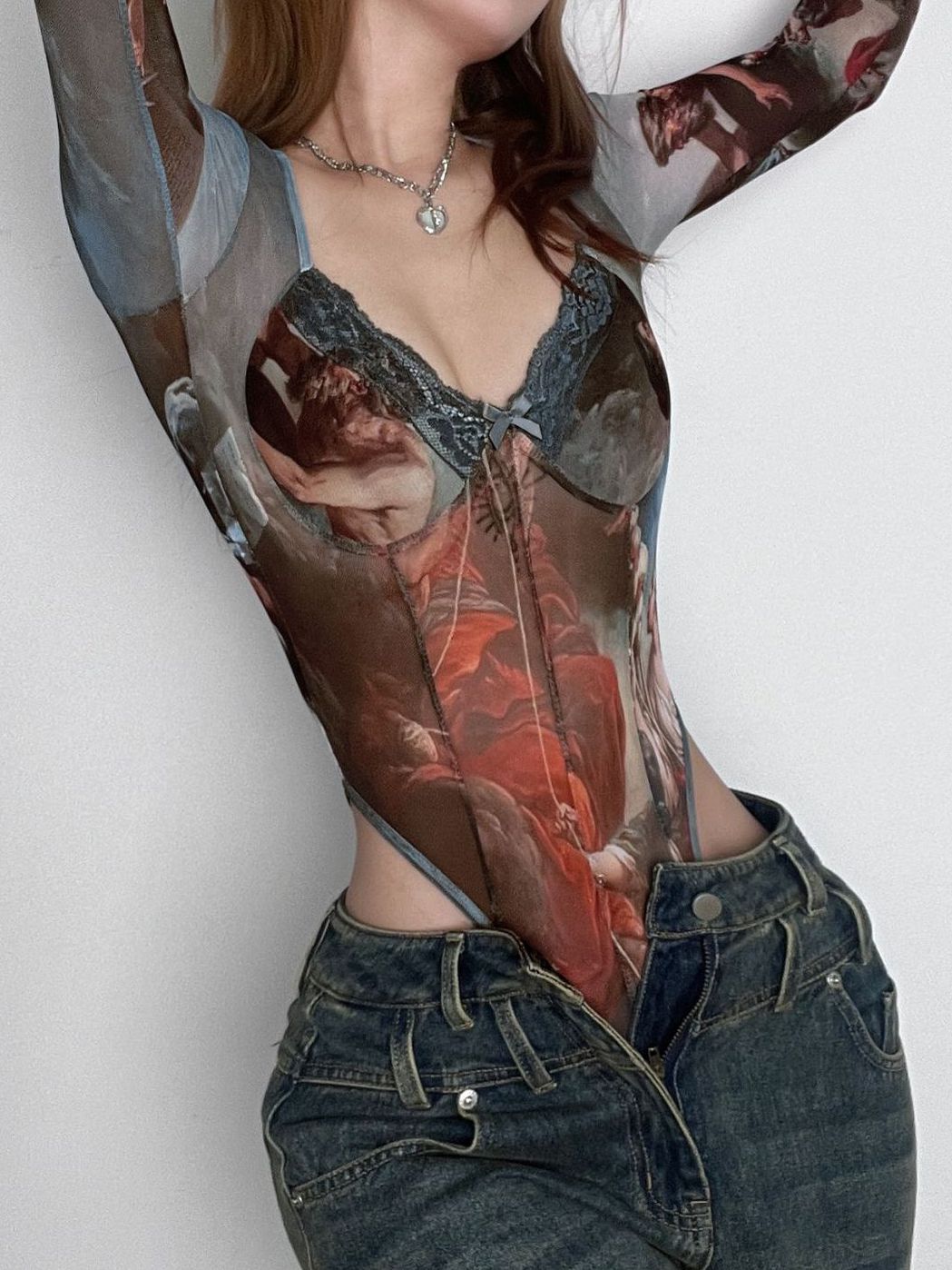 Liviabliss 7319 - Seksi Tie-dye Desenli Şeffaf File Bodysuit