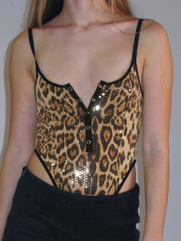 Liviabliss 7303 - Kolsuz Leopard Baskılı Ayarlanabilir Straps Short Body