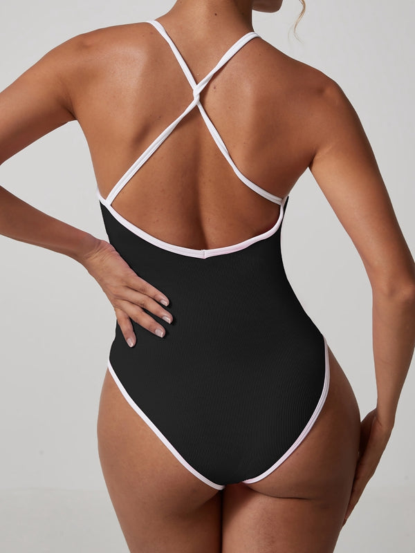 Liviabliss 7315 - Çapraz Sırt Detaylı Kontrast Renkli V Yaka Bodysuit