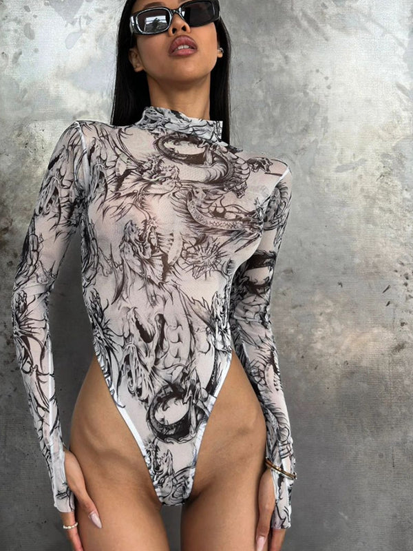 Liviabliss 7270 - Seksi Tie-dye Baskılı Şeffaf File Bodysuit