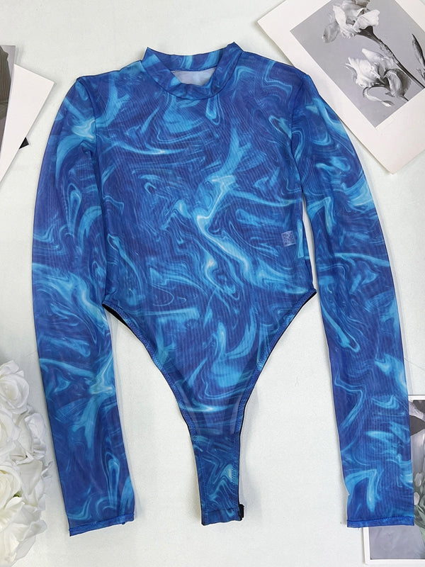 Liviabliss 7270 - Seksi Tie-dye Baskılı Şeffaf File Bodysuit