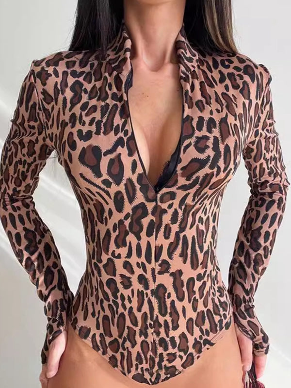 Liviabliss 7289 - Seksi Leopard Baskılı Fermuarlı Body