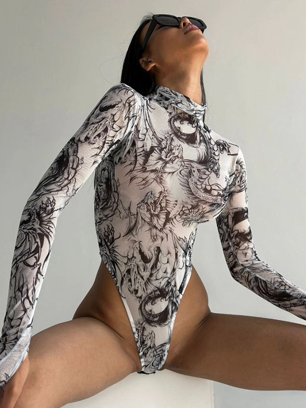 Liviabliss 7270 - Seksi Tie-dye Baskılı Şeffaf File Bodysuit