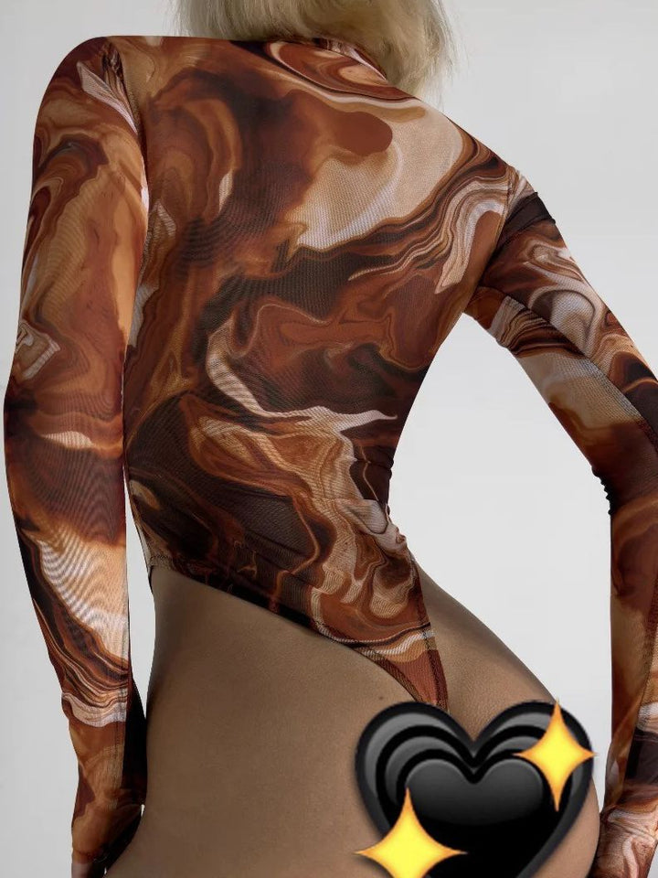 Liviabliss 7270 - Seksi Tie-dye Baskılı Şeffaf File Bodysuit