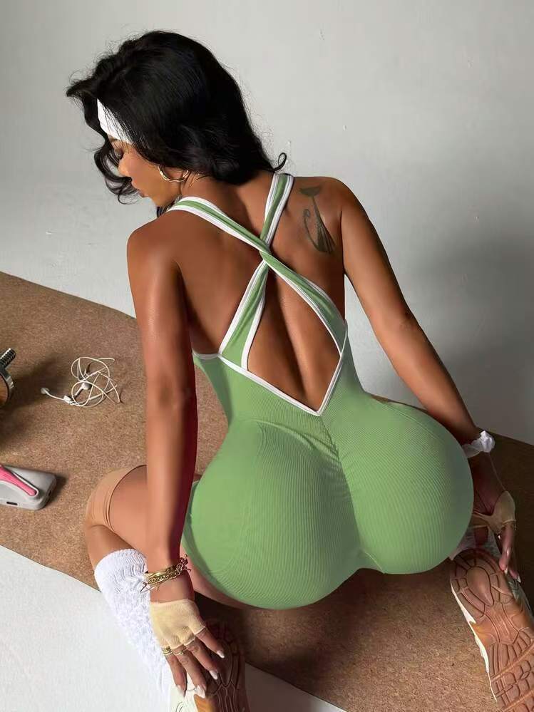 Livia 2360-14 Çapraz Sırt Büzgülü Kalça Çizgili Kısa Kadın Tulum LİVİA.SORT