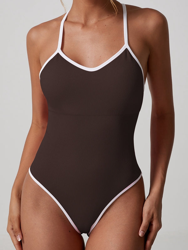 Liviabliss 7315 - Çapraz Sırt Detaylı Kontrast Renkli V Yaka Bodysuit